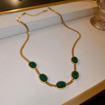 EmeraldAura: Oval Green Crystal Necklace Set with Bracelet