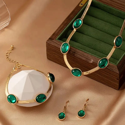 EmeraldAura: Oval Green Crystal Necklace Set with Bracelet